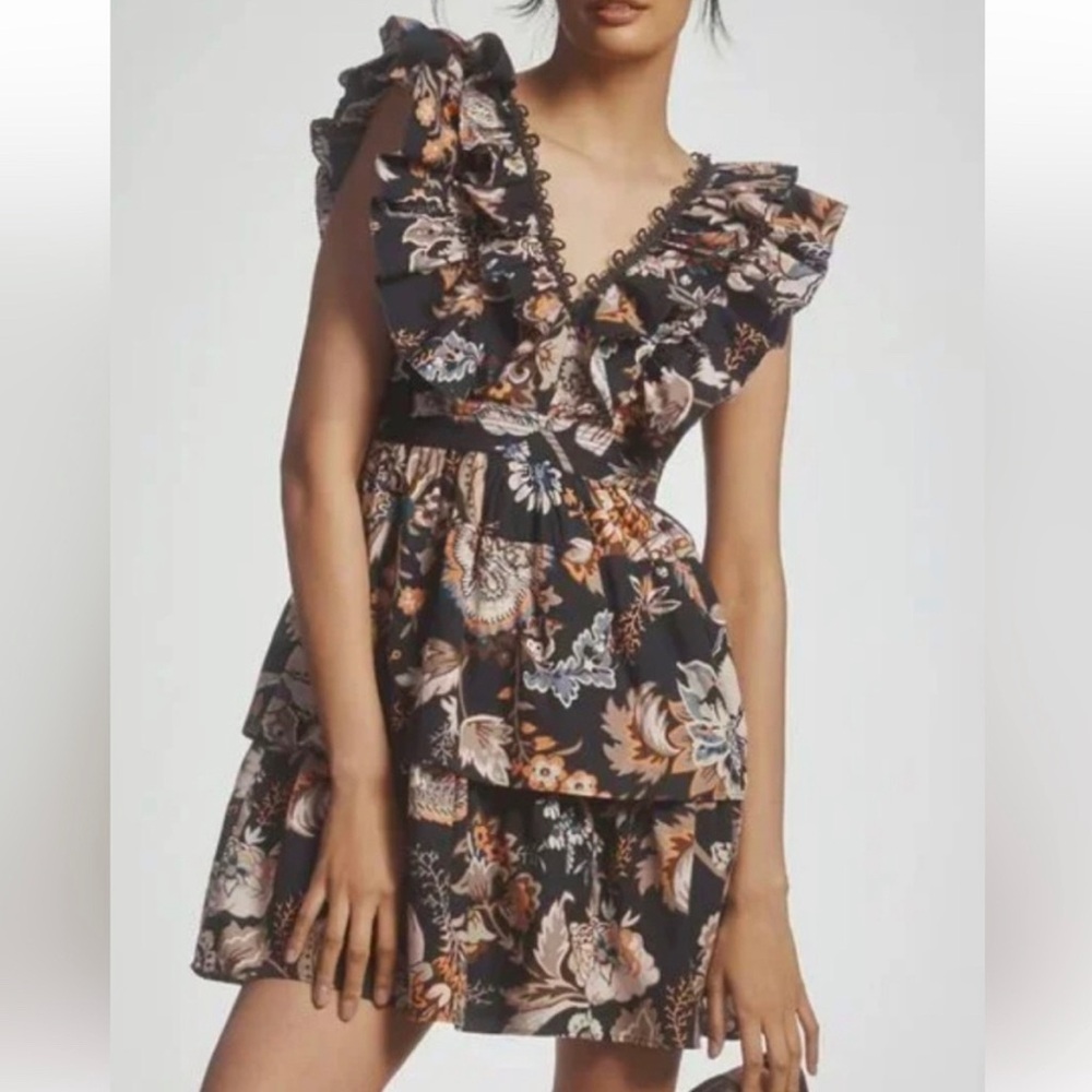 ANTHROPOLOGIE SLEEVELESS RUFFLE A LINE NAVY PRINT DRESS